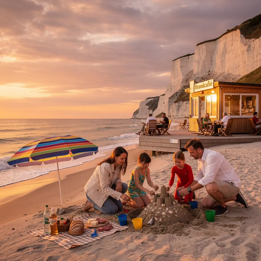Wellen, die sanft gegen die Küste schlagen, umgeben von üppigem Grün.